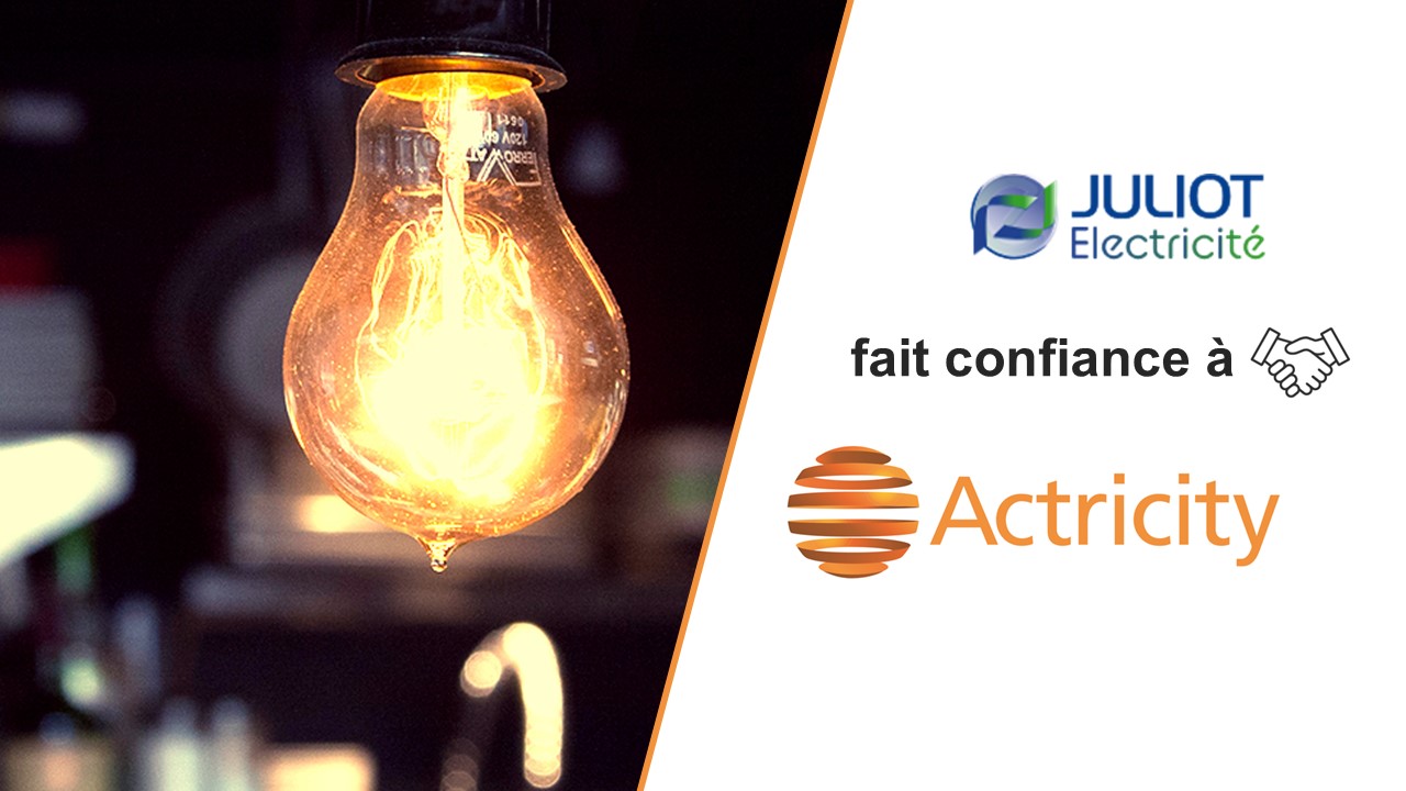 Une ampoule lumineuse à côté du logo de Juliot Electricité, qui utilise le logiciel ERP d'Actricity. FSM électricité