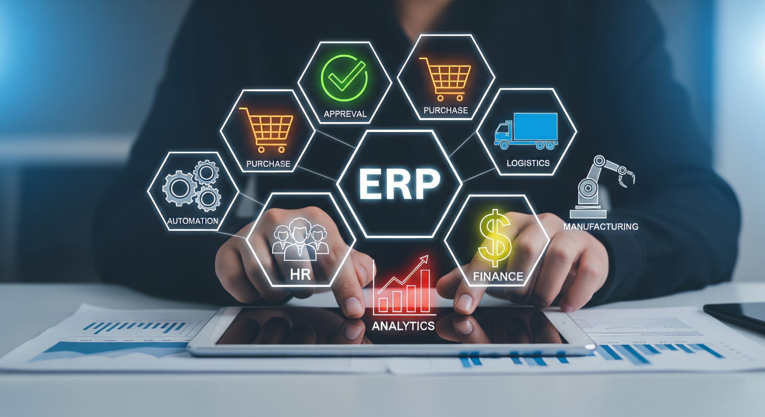Person bedient Tablet mit Actricity ERP-Dashboard zur Steuerung von Einkauf, Logistik, Finanzen, HR, Fertigung, Automatisierung und Analytics.