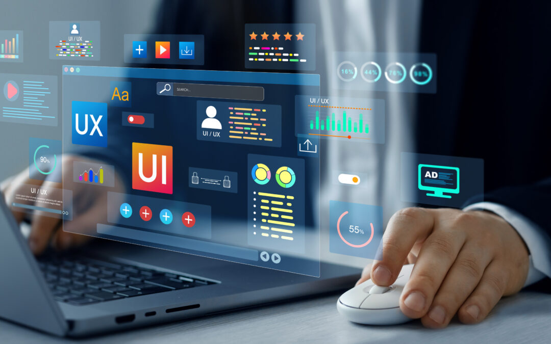 Professionnel utilisant un ordinateur portable avec des éléments UI/UX et des données d'analyse ERP.