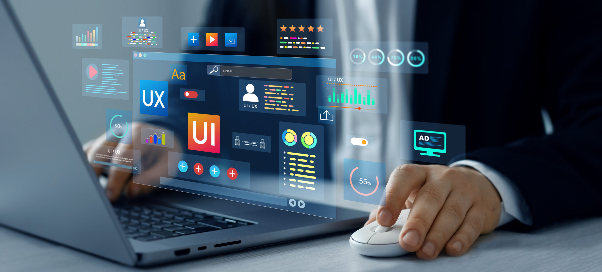 bftb21_03 Professionnel utilisant un ordinateur portable avec des éléments UI/UX et des données d'analyse ERP.