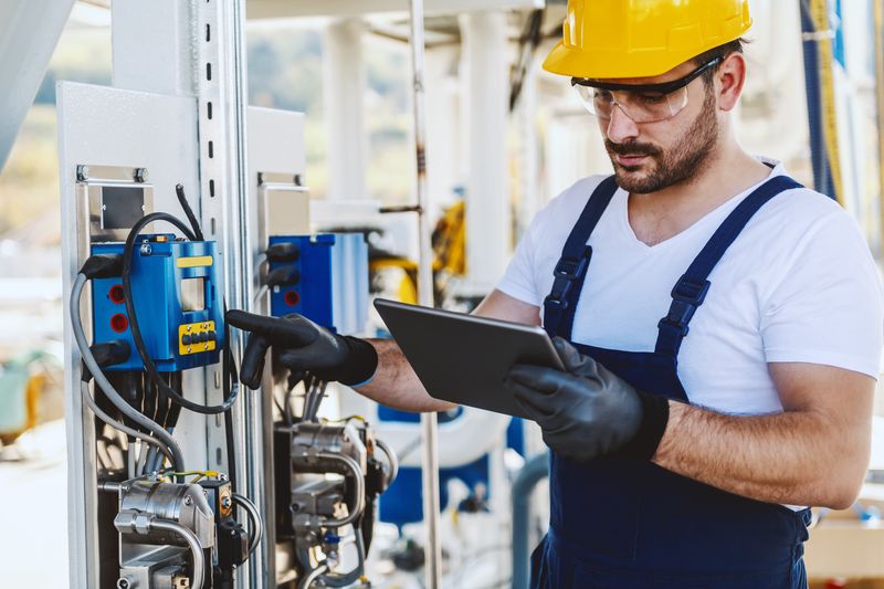 Servicetechniker nutzt Tablet im Field Service mit integriertem Chat in Actricity ERP
