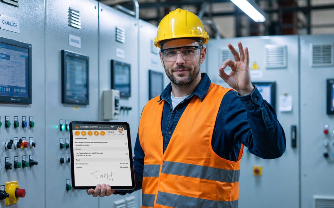 Servicetechniker im Aussendienst nutzt integriertes ERP Field Service Management auf Tablet für Einsatzplanung und Serviceprozesse in Echtzeit