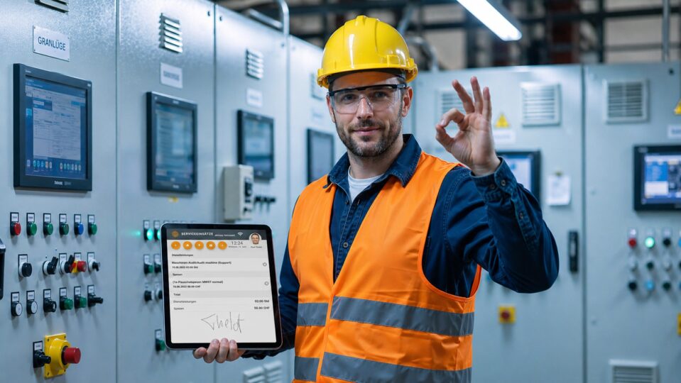 Servicetechniker im Aussendienst nutzt integriertes ERP Field Service Management auf Tablet für Einsatzplanung und Serviceprozesse in Echtzeit